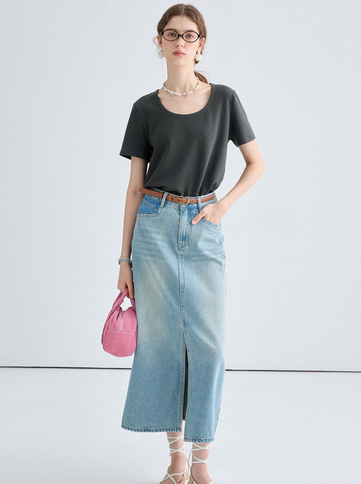 Front Slit Denim Maxi Skirt