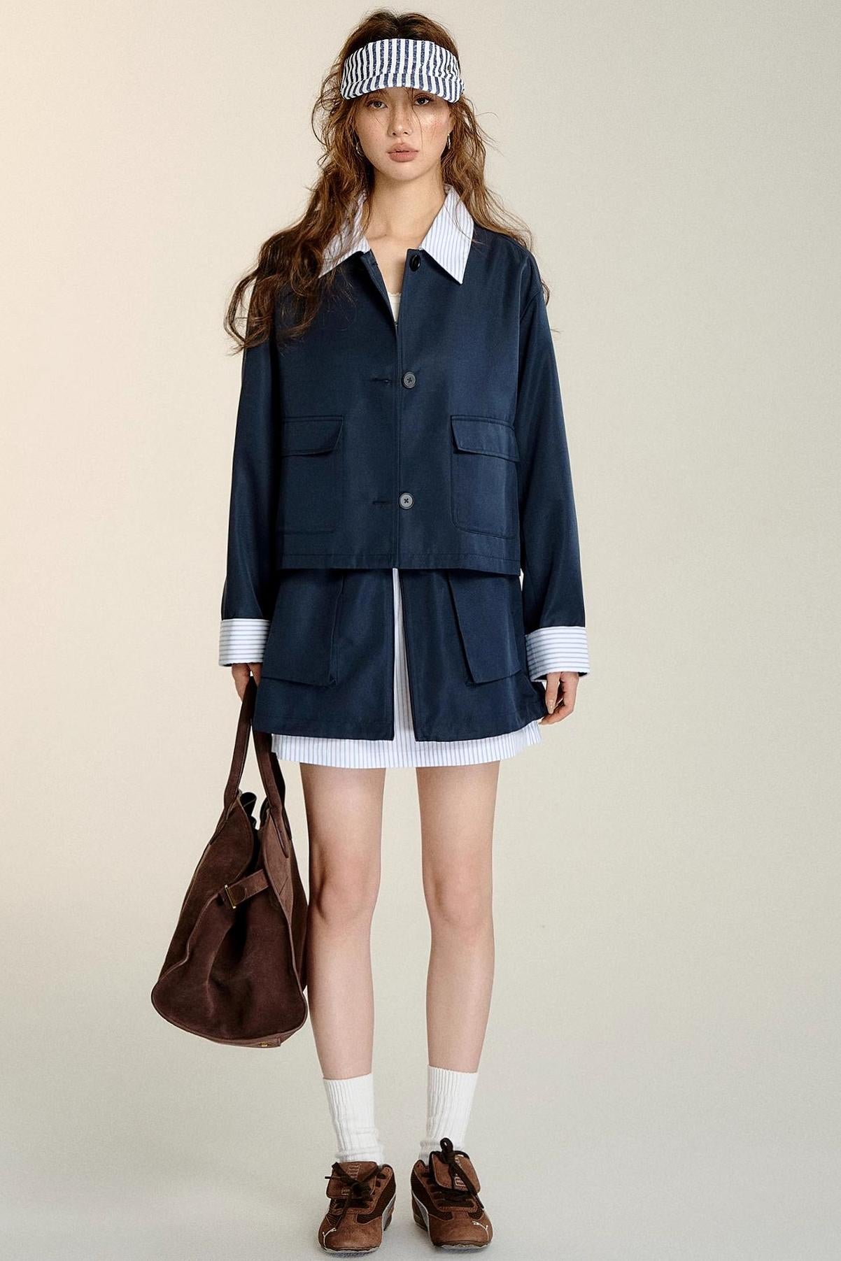 Patchwork Striped Trench Coat Skirt Set-Up