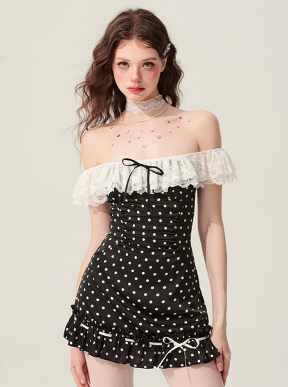 Weniger auch Augen schwarz mulberry berry schwarz one-shoulder polka dot dress women's summer design sense waist short skirt lace skirt