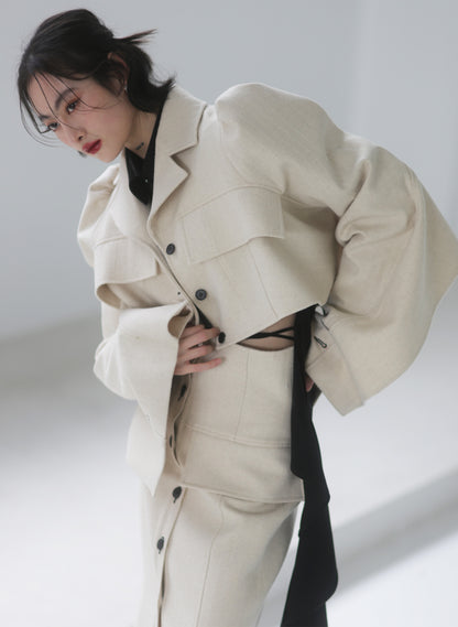 Shawl sleeves contrasting panelled woolen jacket