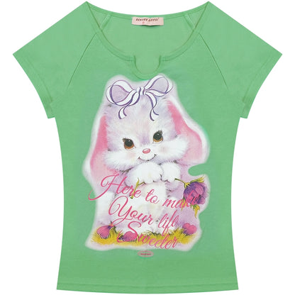 Retro Design Rabbit Print Slim Top