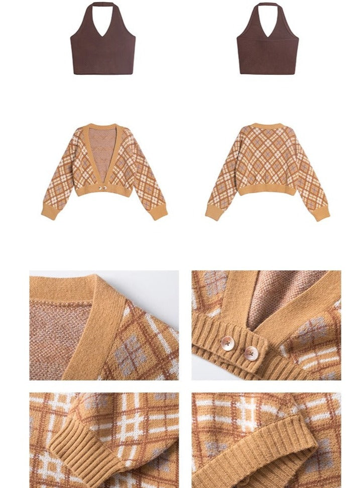 check woolen cardigan vest set