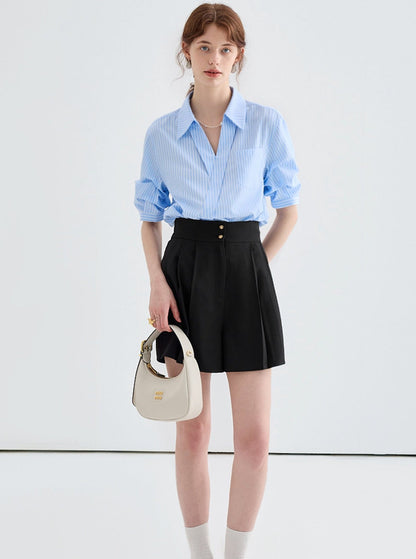 French V-Neck Casual Shirt And Skirt Set-Up