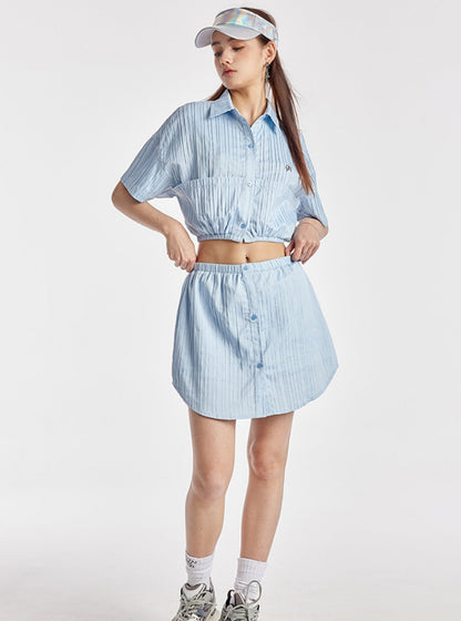 Sky Blue Elasticated Crop Shirt With Simple Skirt Set-Up