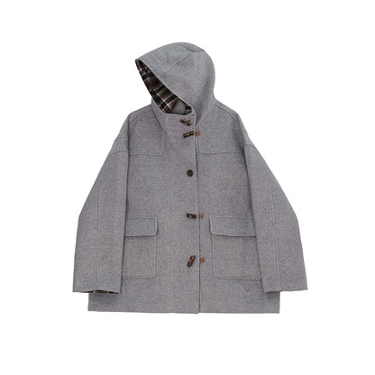 Retro mid-length hooded woolen coat