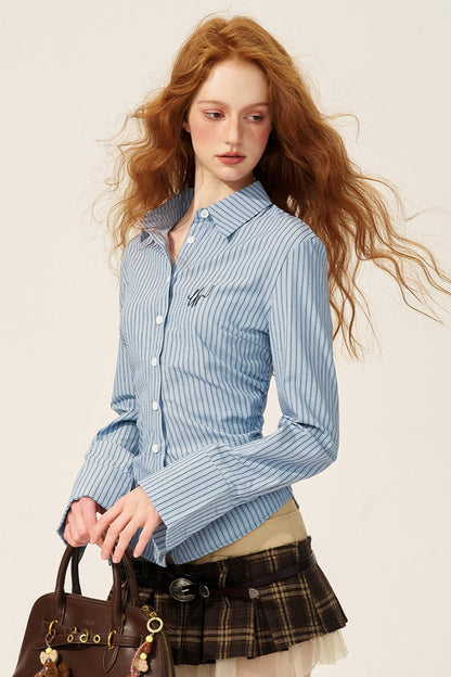 French Striped Blue Polo Collar Long Sleeve Top