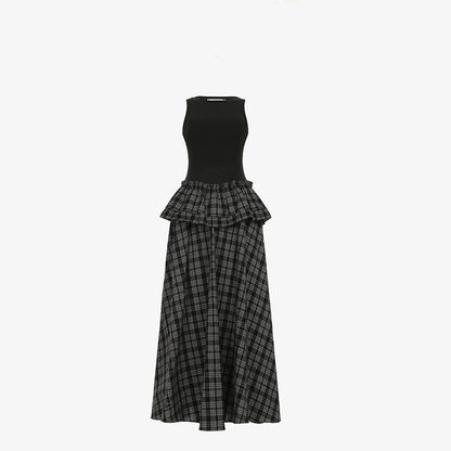 Knit Plaid V-Lace A-Line Maxi Dress