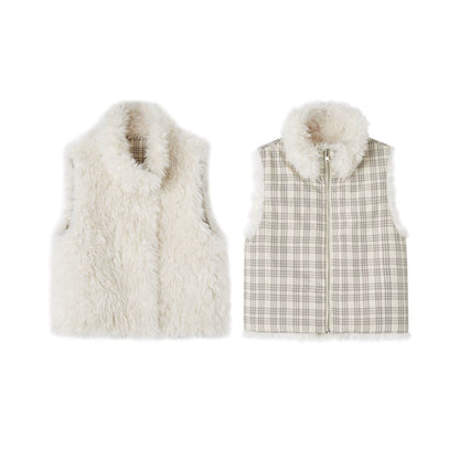 Plaid Patchwork Lamb Wool Reversible Vest