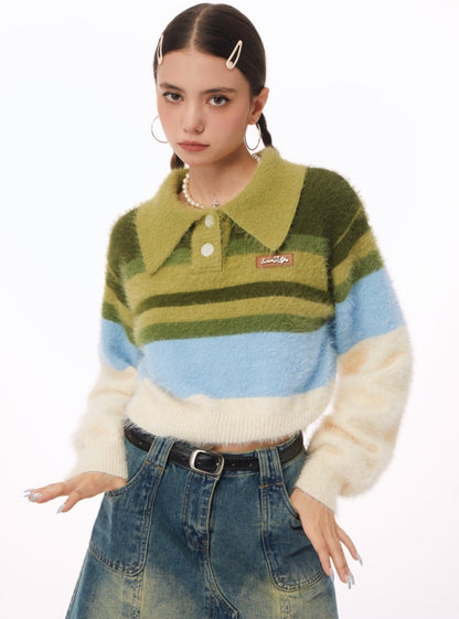 American retro polo neck contrast striped Tops