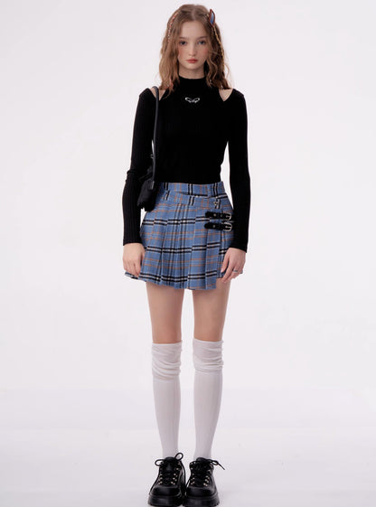 High waist pleated tweed plaid Skirt