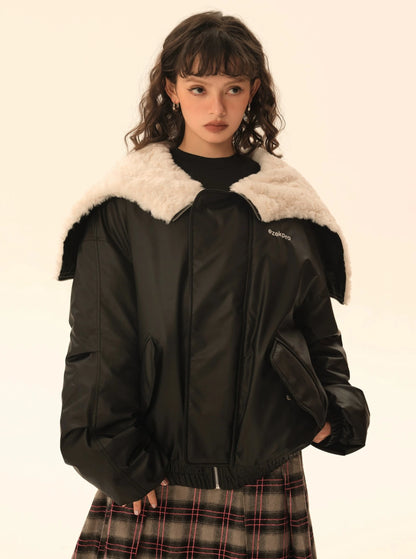 Imitation rabbit fur hooded no-wash pu skin down jacket