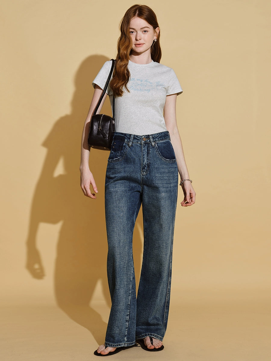 High-Waisted Blue Straight-Leg Jeans