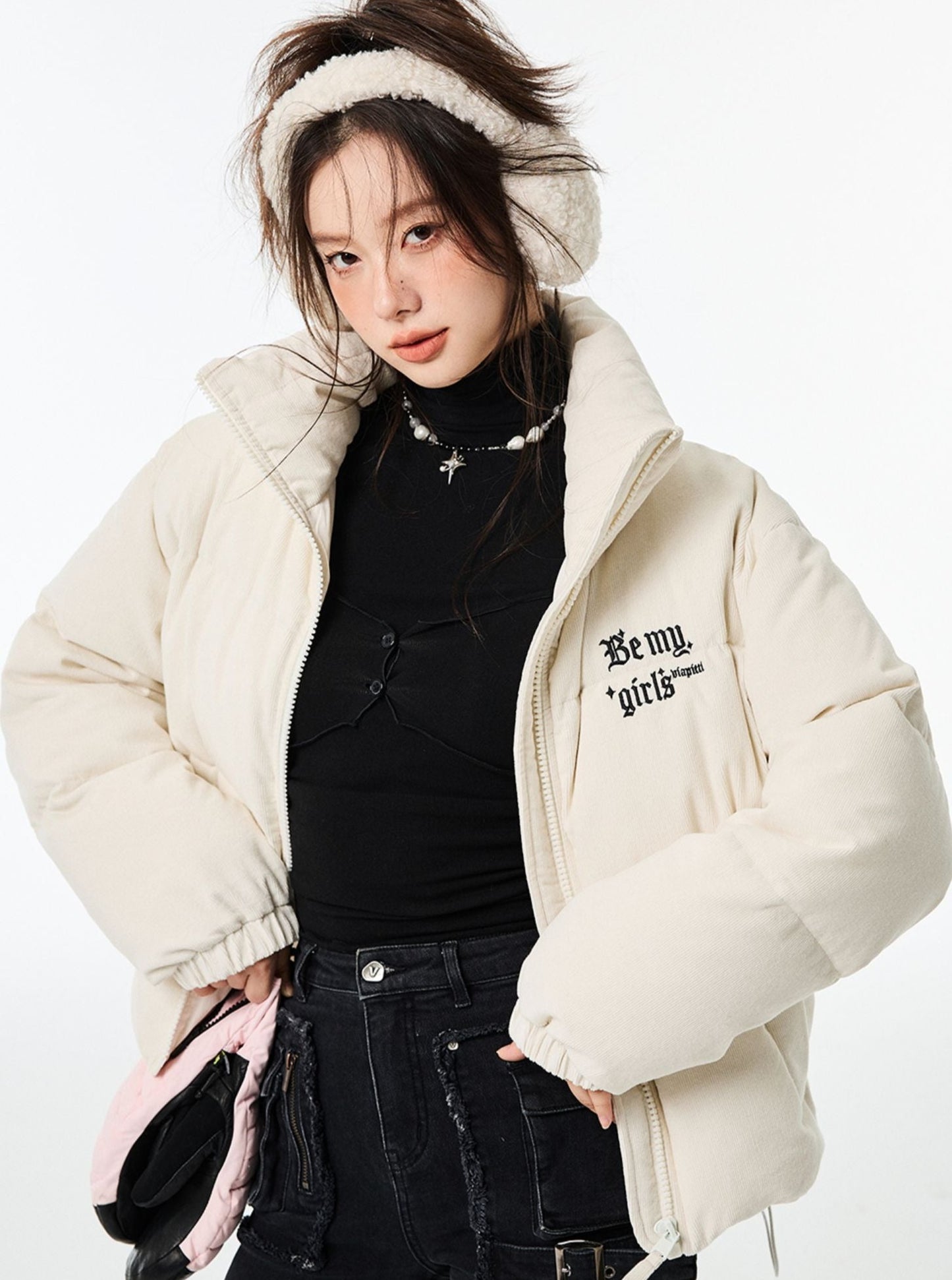 Embroidered letter high neck down jacket