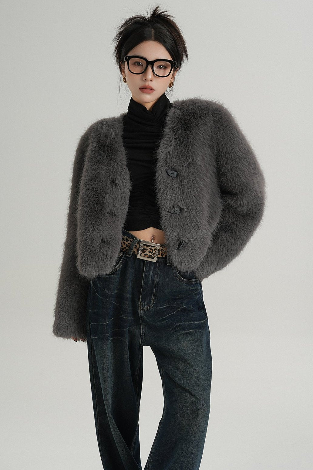 High-End Gray Eco-Friendly Fur Coat