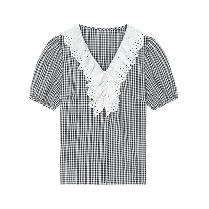 Lace Collar Check Short Sleeve Shirt