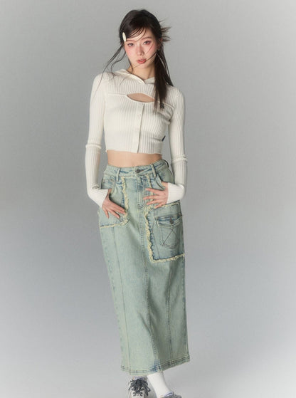 Large Pocket Athleisure Denim Maxi Skirt