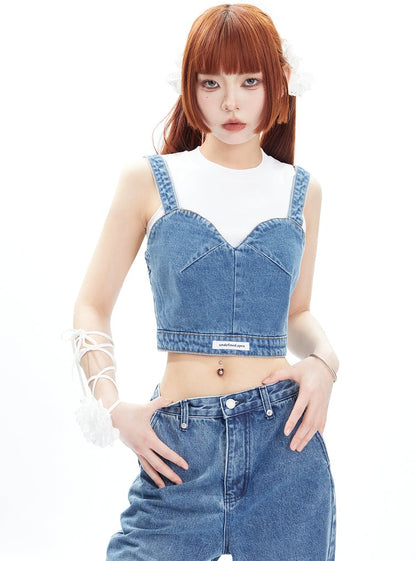 Strap Tank Top Denim Pants Two Piece Set