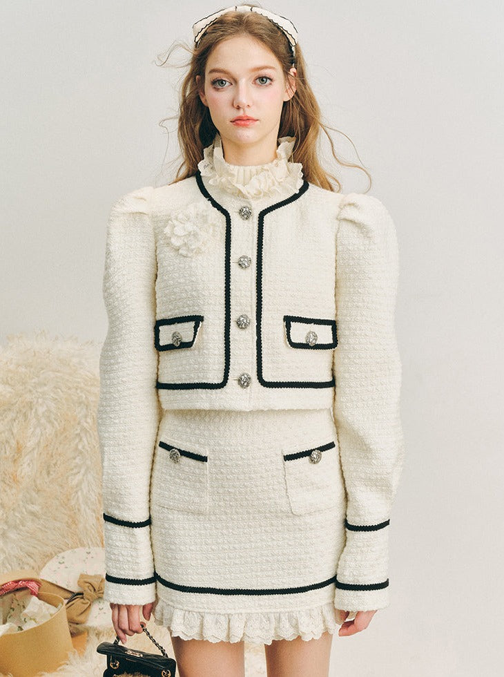 Wool puff sleeve jacket skirt set