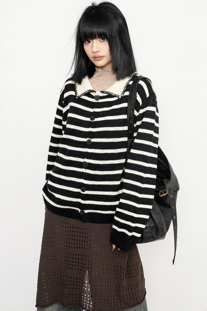 Vintage Striped Lapel Knit Sweater