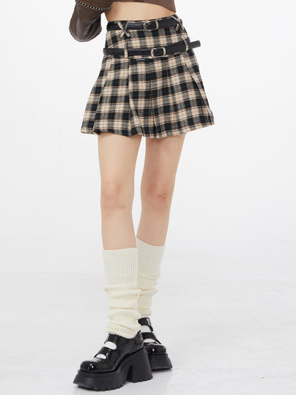 American retro a-line high-waisted check plaid skirt