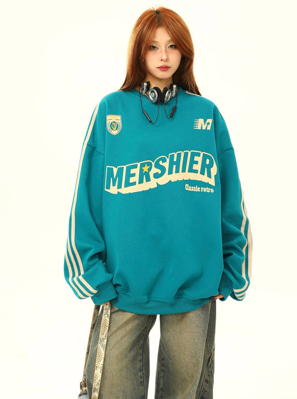 Retro round neck letter loose pullover tops