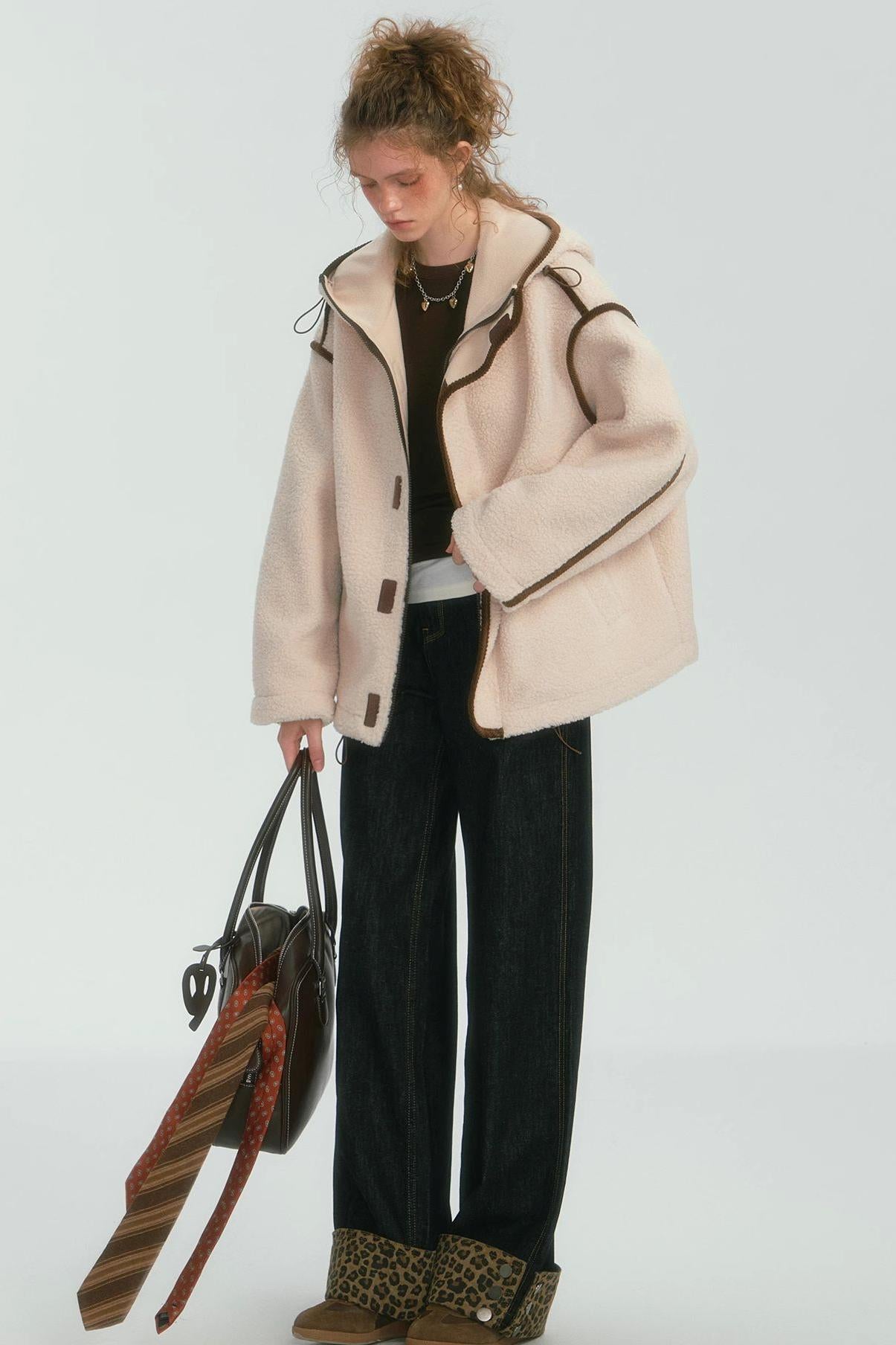 Contrast Piping Fleece Coat