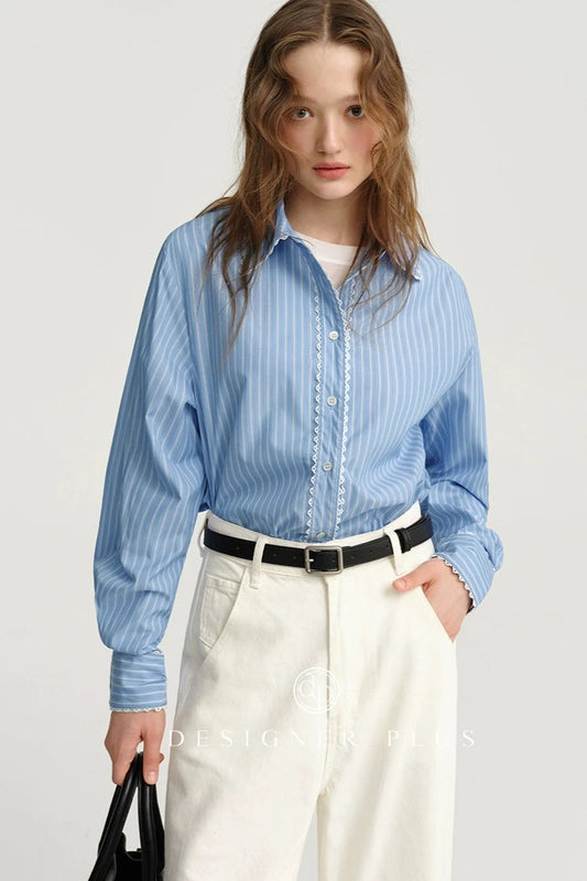 DESIGNER PLUS Blue Pinstripe Long Sleeve Shirt Women's Pre-Fall Design Lace Trim Lapel Shirt