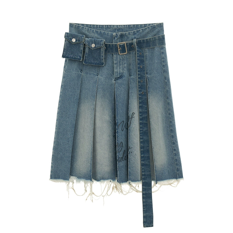 Vintage Belt Bag Decorated PLEATED DENIM SKIRT