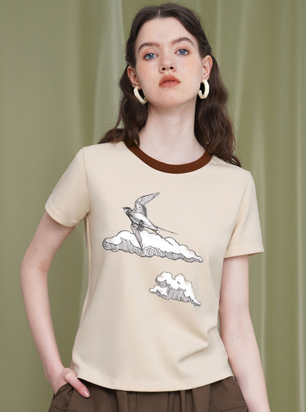 Swallow Print Slim Cotton T-Shirt
