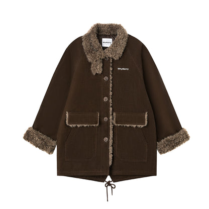 Corduroy Patchwork Fur Collar Jacket