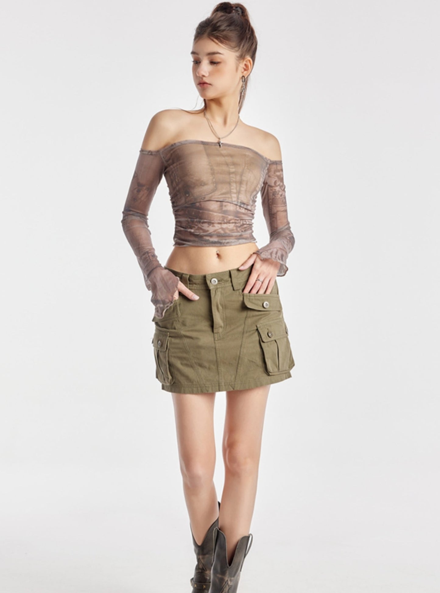 One-Shoulder Pleated Mesh Top