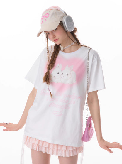 Retro Rabbit Print Loose T-Shirt