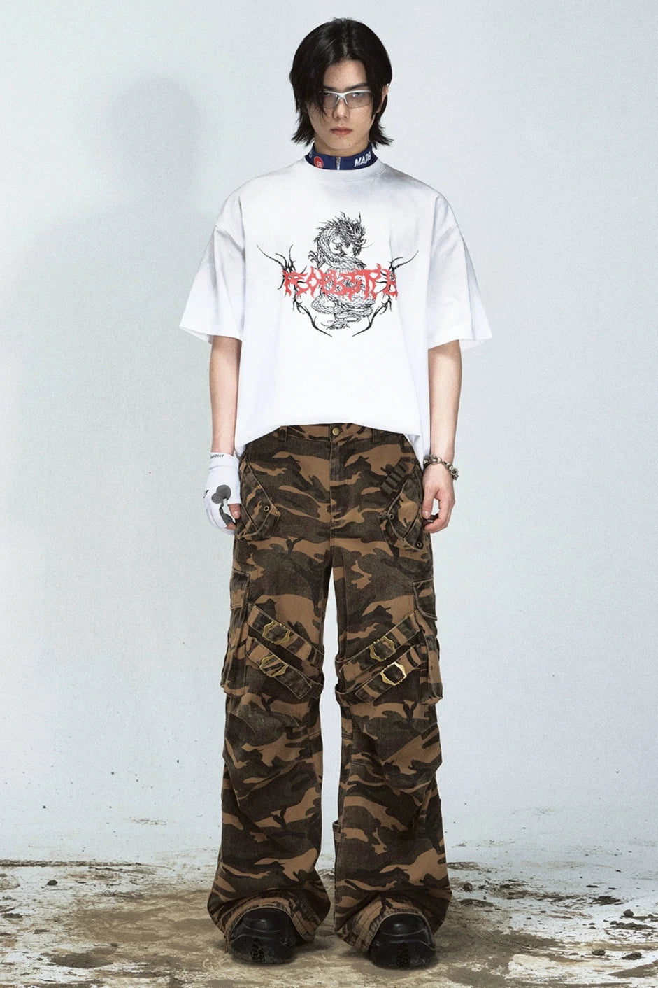 PEOPLESTYLE Army Green Camouflage Tactical Straight Cargo Pant American Retro Vibe Loose Casual Pants