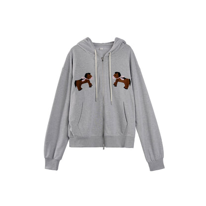 Gray Embroidered Hooded Sweatshirt Coat