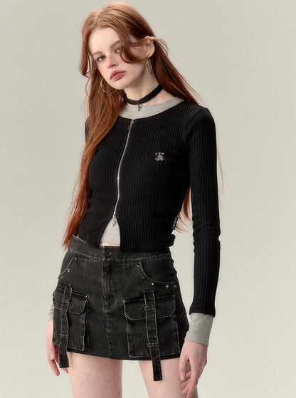 Cropped fake two-piece zipper knit top