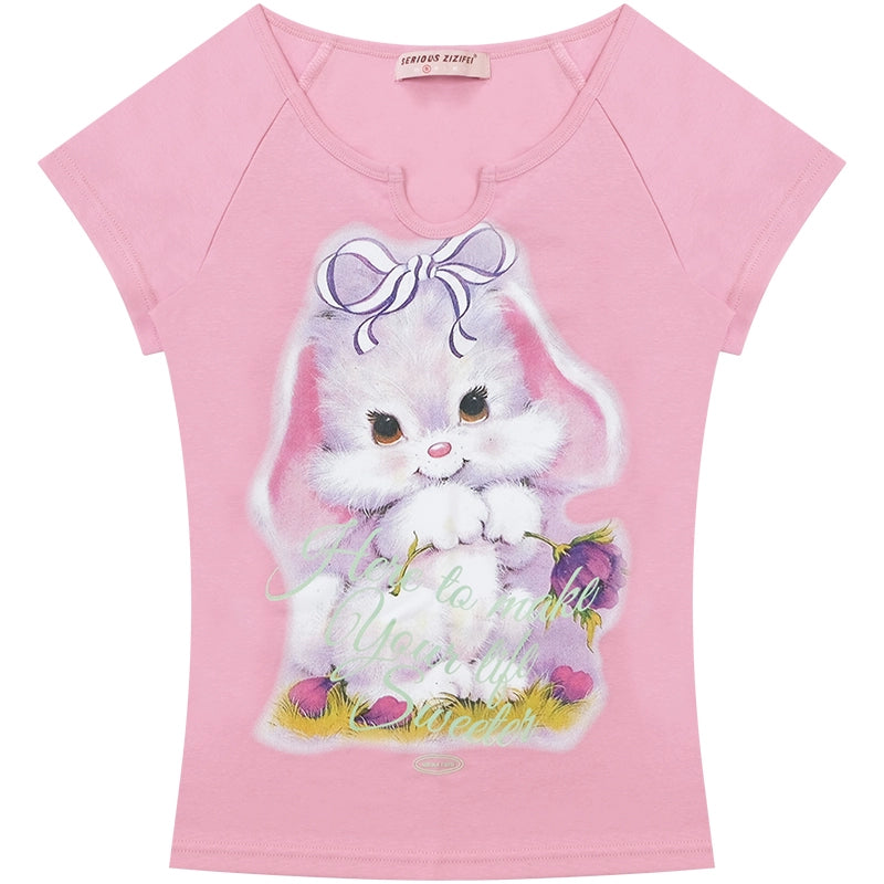 Retro Design Rabbit Print Slim Top