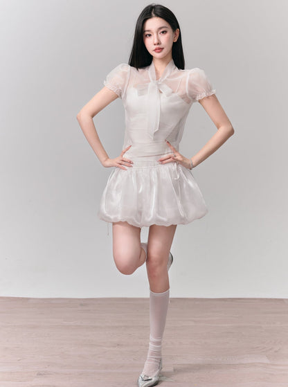 [Spot] fragile shop - vanilla marshmallow Sweet puff sleeve tie-up shirt bud skirt set