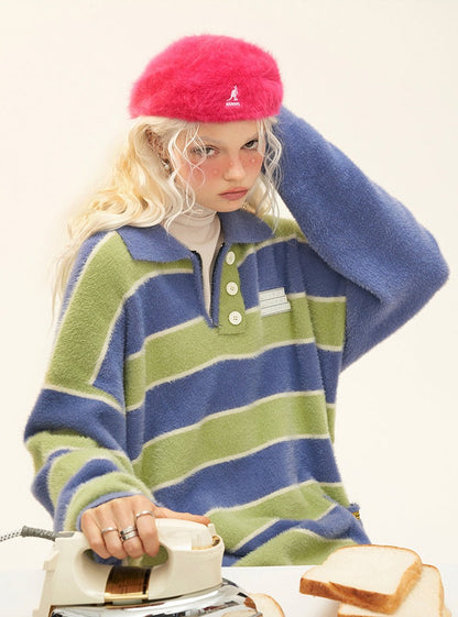 Irregular color contrast striped zipper sweater