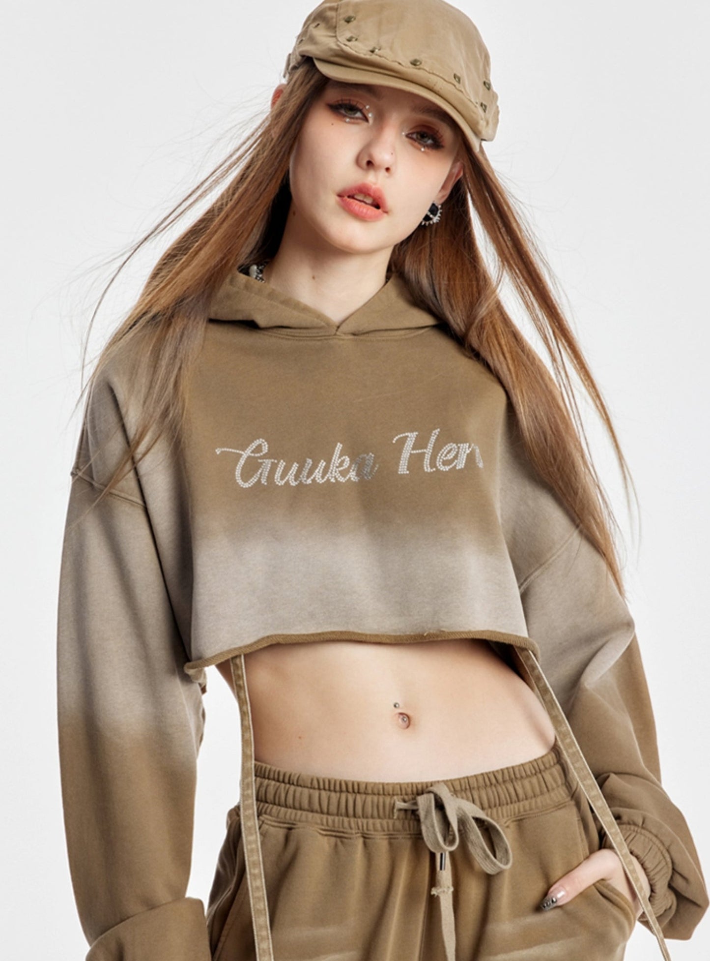 Khaki Printed Crop Top And Long Pants Set-Up