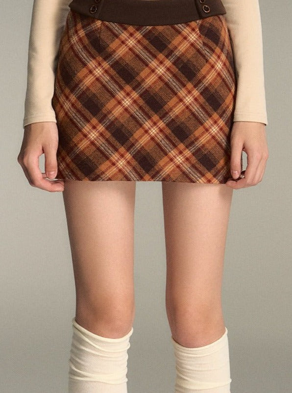 Retro American Red Brown Checkered Wool Skirt