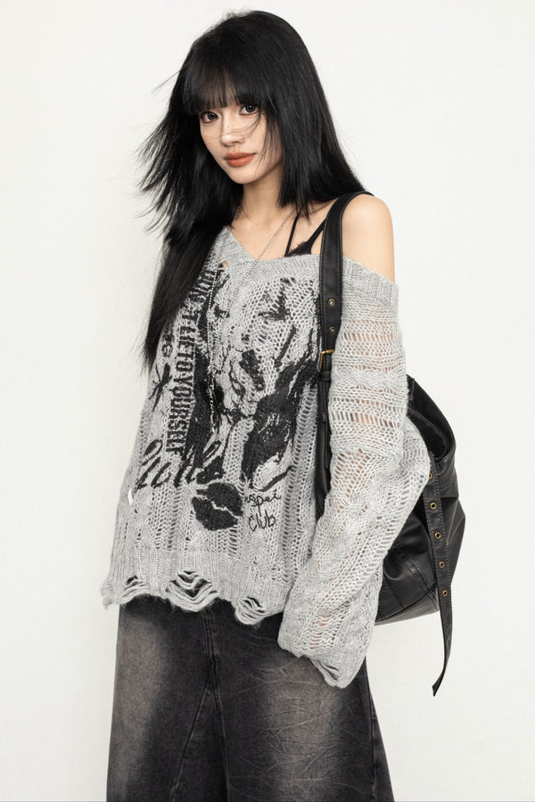 Vintage V-Neck Distressed Knit Top