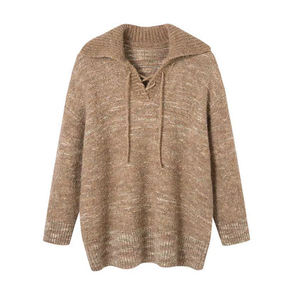 Lace-Up Turn-Down Collar Sweater Matching Set