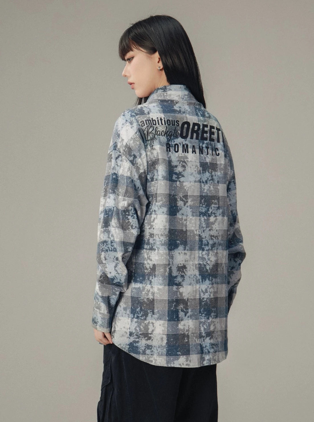 Distressed Mottled Plaid Long Sleeve Shirt