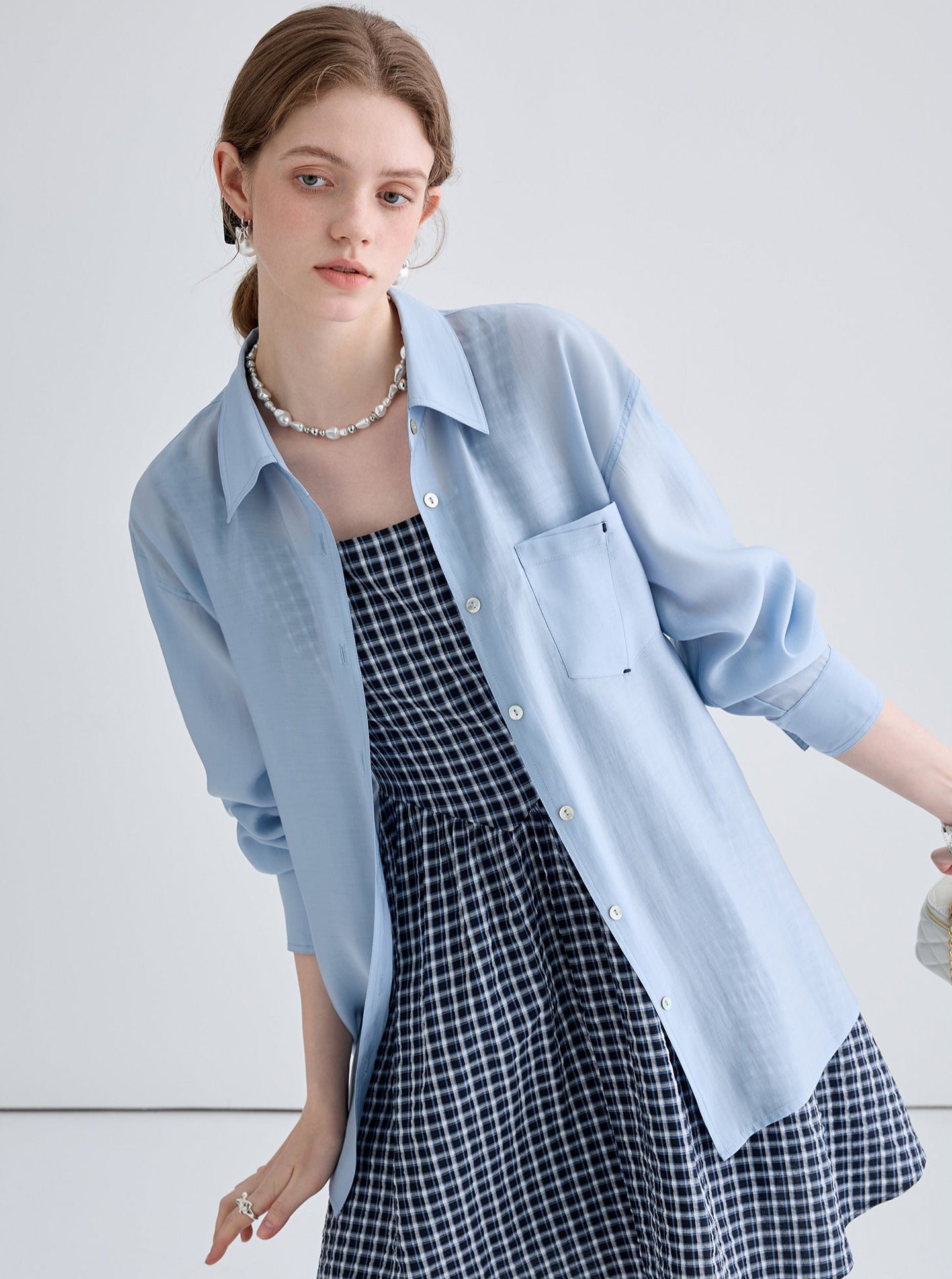 Vintage Blue Shirt With Contrast Check A-Line Dress Set-Up