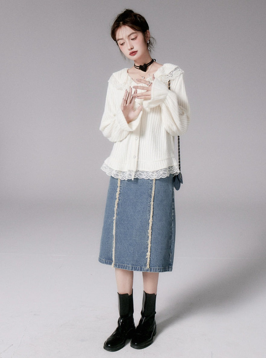 Retro raw denim skirt set