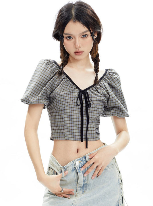 Bow Bubble Sleeve Plaid Short Shirt