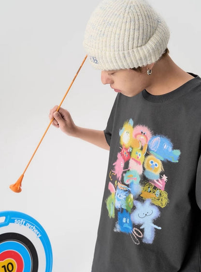 T-Shirt mit Cartoon-Druck und Farbverlauf