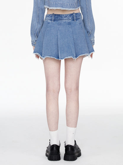 Washed Blue Pleated Denim Skirt