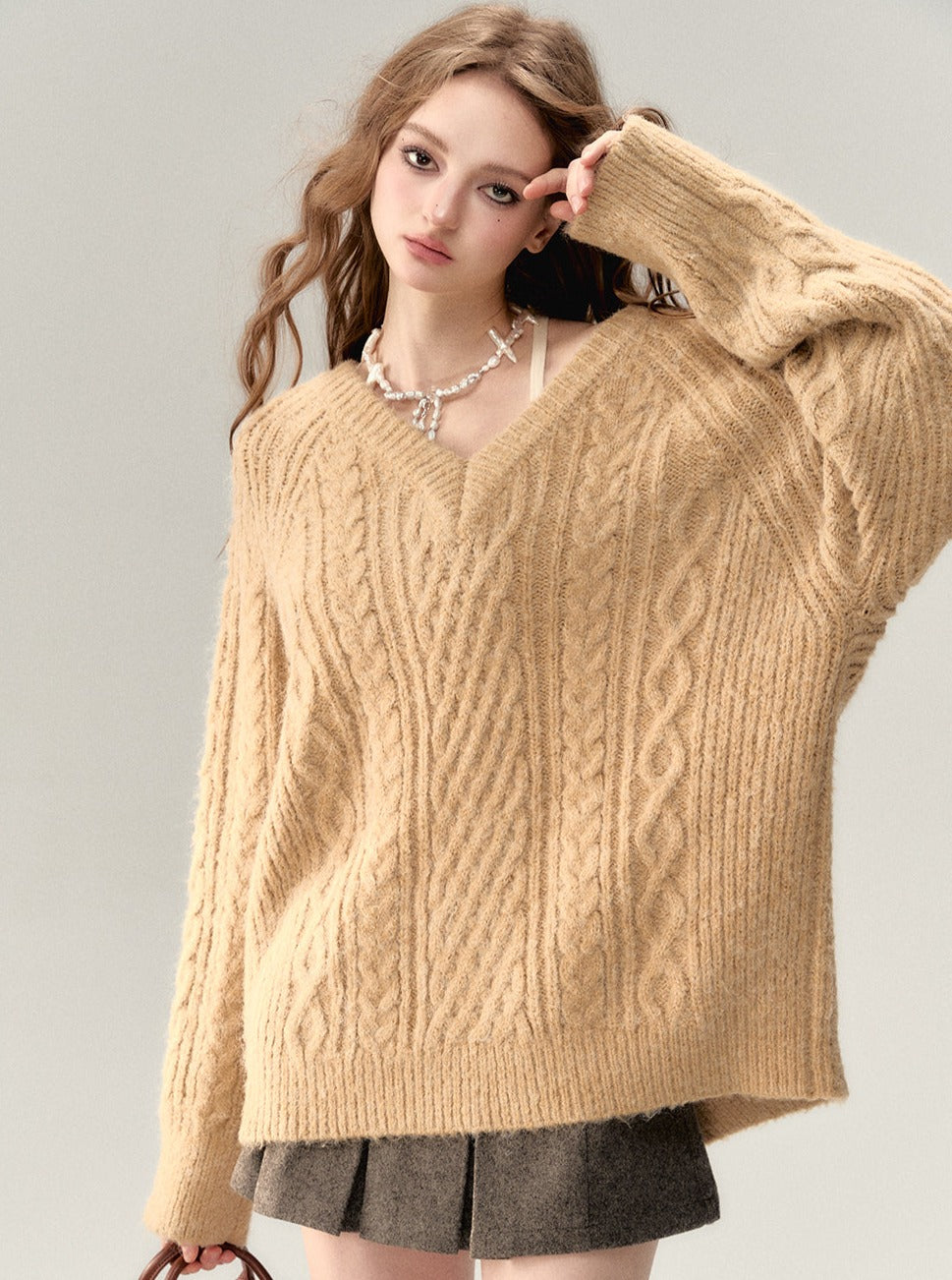 V-neck knit sweater coat set