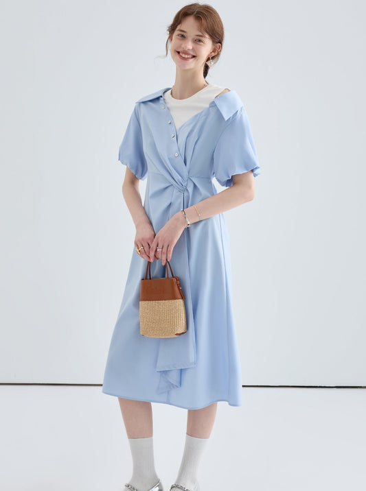 VEGA CHANG Kurzärmeliges Kleid Damen Sommer 2024 Neues Fake Two Design Temperament Altersreduzierendes Hemdkleid
